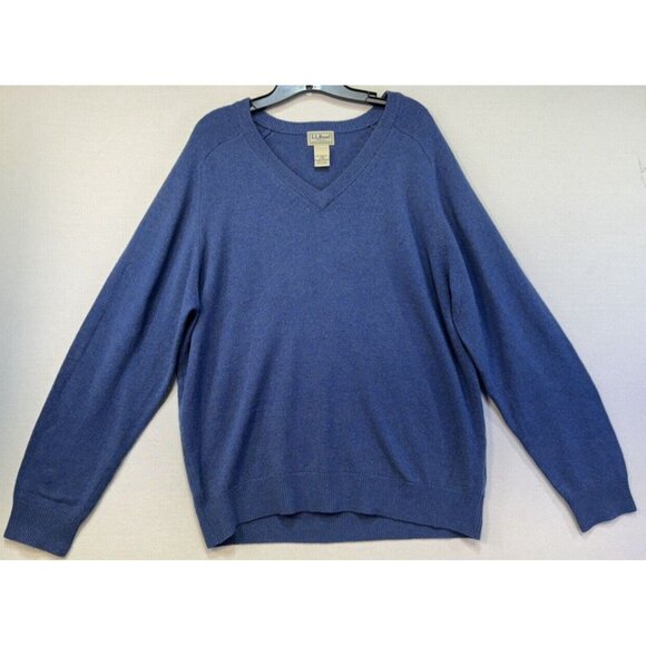 LL Bean Mens Lambs Wool Preppy Academia Sweater Size L Blue V-neck - Picture 2 of 12
